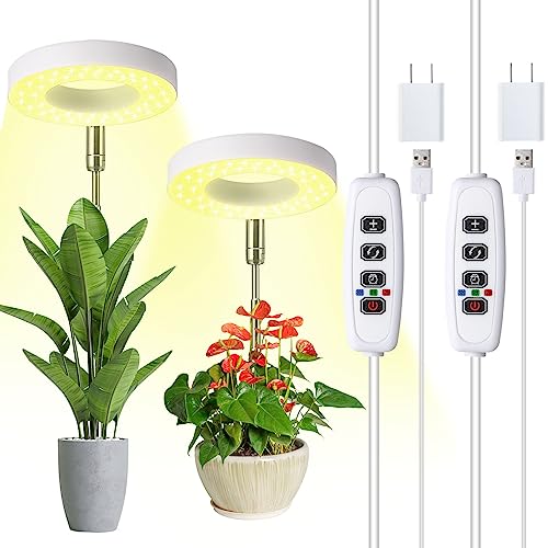 Halo Ring Grow Lights for Small Indoor Plants Warm+White 96LEDs Full Spectrum Plant Light Height Adjustable with Adapter 3/9/12H Timer 3 Spectral Modes 10 Dimmable Levels Angel Ring 2 Pack