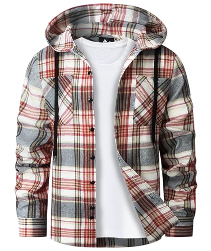 Mens Hooded Flannel Shirts Long Sleeve Casual Plaid Button Down Shirt with Hood