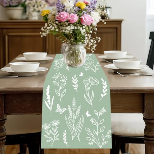 WADORN Tischläufer Mit Schmetterlings, 33x183cm Grüne Salbeiblätter Tischläufer Aus Leinen Mit Grünen Pflanzen Dekor Für Küche Esstisch Frühling Sommer Saisonal Bauernhaus Für Zuhause Küche Urlaub