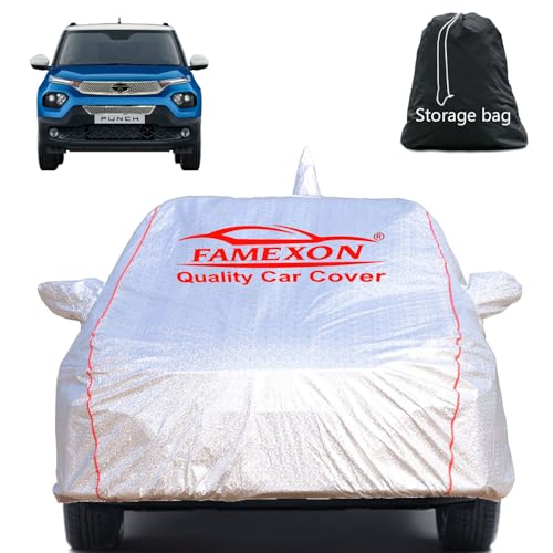 Image of Full Body Car Cover for Tata Punch. with Mirror and Antena Pocket Triple Stiched(Silver with Red Piping)