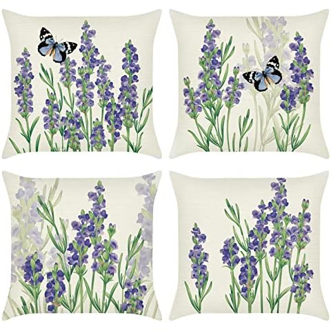 Bonhause Fundas de Cojín Flores de Lavanda 45x45cm Juego de 4 Cover