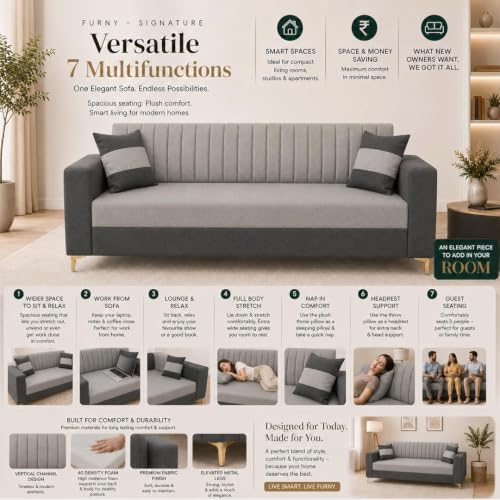 Image of FURNY Signature Regalia 3 Seater Sofa Set | Boston Fabric | 40D Foam + Zigzag Spring | 3-Yr Warranty (Ash Grey, Light Grey) | Modern Living Luxury Sofa Set for Home, Office & Hotel Spaces
