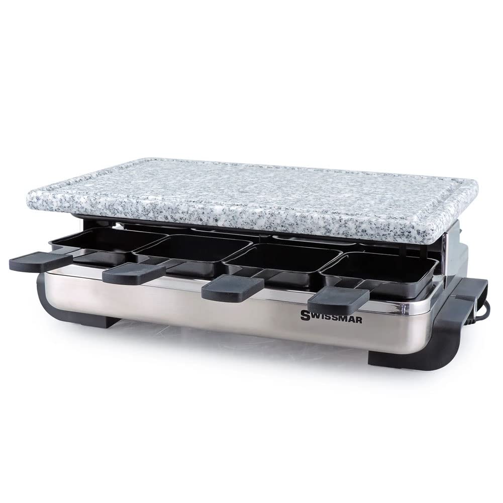 Swissmar Stelvio Raclette Party Grill with Granite Stone Non-Stick Grill Plate/Crepe Top, Outdoor & Indoor Electric BBQ Grill, Samgyupsal Griller - Brushed Stainless Steel - 8-Person - Silver