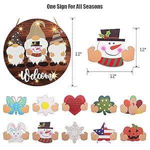 Interchangeable Seasonal Gnome Welcome Sign for Front Door Decor Rustic Wooden Welcome Sign with 10 LED Lights12 Inches Modern Farmhouse Wall Home Sign for Holiday Halloween Thanksgiving Christmas