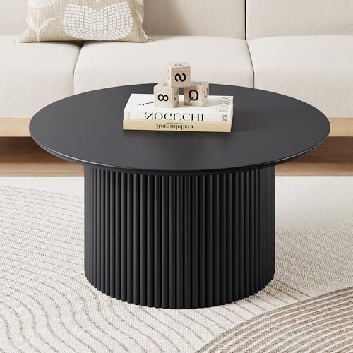Image of 31.5 inch Round Coffee Table, Modern Fluted Accent Center Table with Metal Frame, Wooden Circle Coffee Tables for Living Room Small Space or Office (Black)