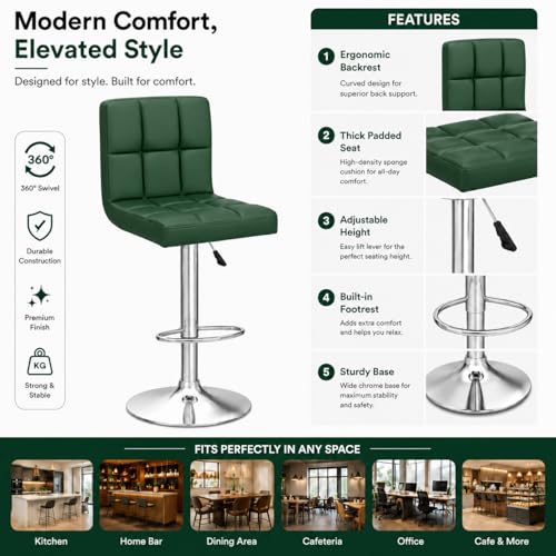 Image of Kemon KaiMeng Modern Adjustable Swivel Bar Stool Chair with Backrest, PU Leather Hydraulic Counter Stool with Footrest for Kitchen Island, Cafe & Home Bar, Green, Square Tufted Back Stool