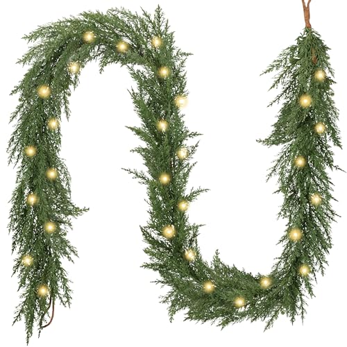 Valery Madelyn 6 Ft Artificial Norfolk Pine Garland for Mantle, Real Tough Christmas Cedar Garland with Light, Lighted Winter Pine Branches for Home Stairs Fireplace Table Indoor Outdoor Holiday Decor