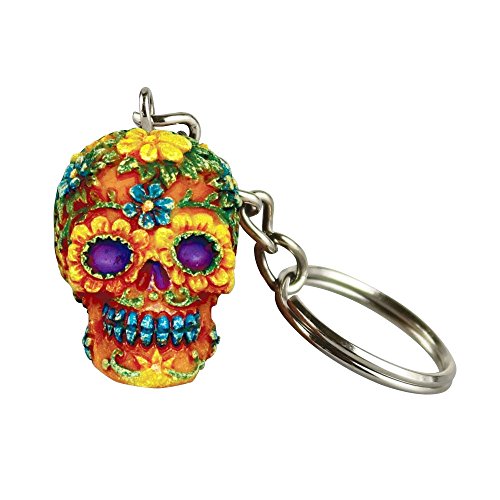 Hand Painted Polyresin Sugar Skull Keychain - Orange