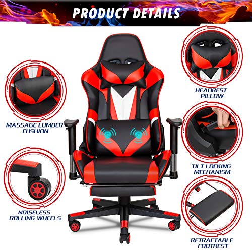 Scurrty Professional Gaming Chair Ergonomic Office Chair Gaming Massage Chair Red Computer Chair for Adults Video PC Chair Racing Reclining Adjustable Computer Gaming Chair with Footrest - Thumbnail 4