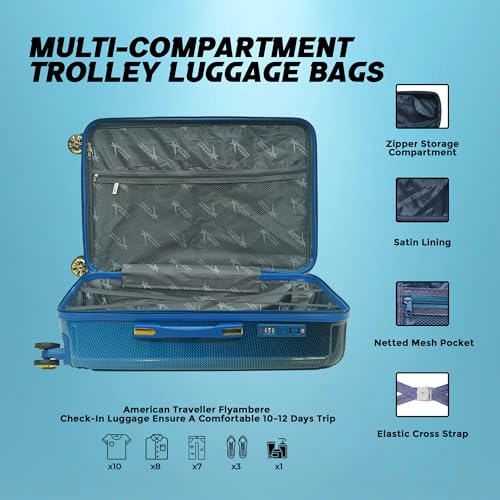Image of AMERICAN TRAVELLER Flyambere Trolley Bag | Premium Polycarbonate | Durable Hard Shell Luggage | Scratch-Resistant | Silent Spinner Wheels | Travel Suitcase (20, Matellic Blue Gradient)