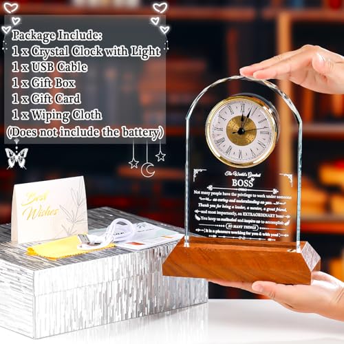 Image of Ornalrist Boss Glass Clock Gifts for Women Men with Wooden LED Light Base, Appreciation Gift for Best Boss, Gift Idea for Lady Boss Going Away Retirement Boss's Day Leader's Day Desk Office Decor