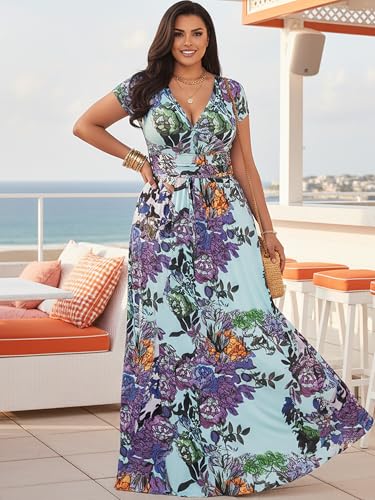 Image of KOH KOH Womens Long Floral Print Cap Sleeve Modest Flowy Summer Maxi Dress Gown