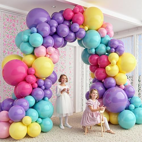 Image of 412pcs Purple Blue Pink Balloon Garland Arch Kit, 18 12 10 5 inch Different Sizes Hot Pink Metallic Purple Teal Yellow Balloons for Kid Magic Baby Shower Birthday Engagement Party Decoration