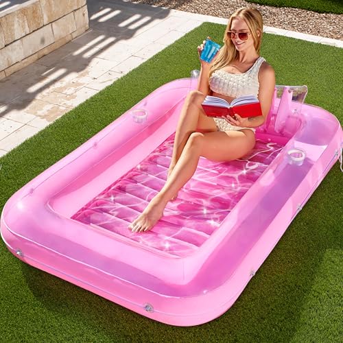 SLOOSH Inflatable Tanning Pool Lounger Float, 70' x 46' Pool Floats Adult with Pillow, 4 in 1 Suntan Tub Raft Floatie,Sunbathing Bed Lounge for Water Blow Up Kids Ball Pit Party Gifts, L-Pink