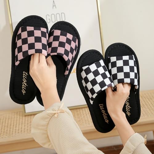 Chunky Checkered Slippers for Women Men Cute Retro Trendy Non Slip Platform Flats Wide Open Toe Comfort Wear Shoes Cozy Memory Foam Fur Line Matching Slippers for Couples Mothers Days Gifts4