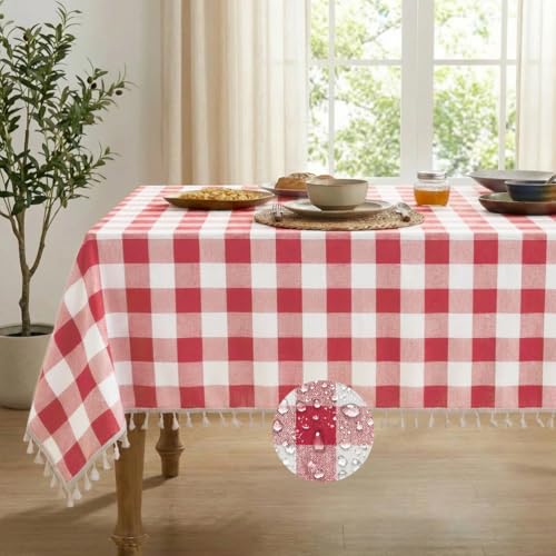 Deep Dream Water-Resistant Checkered Tablecloth Rectangle, Cotton Linen Gingham Table Cloth with Tassel, Wrinkle Free Buffalo Plaid Table Cover for Picnic Kitchen Dining Room - 55 x 70 Inch, Red by Deep Dream - Used condition - US$17.85