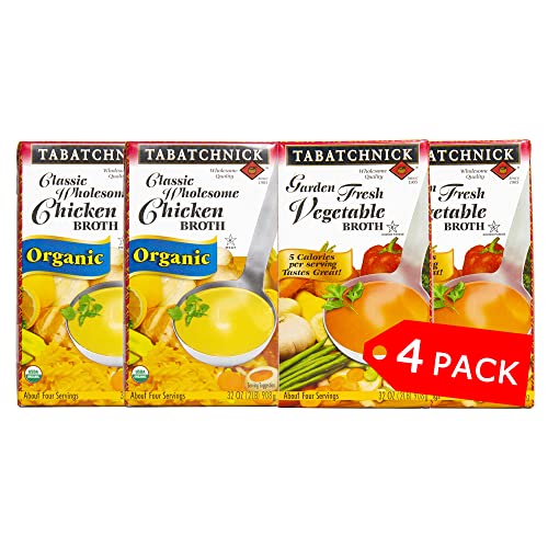 Tabatchnick Broth Variety 4 Pack: 2 Organic Low Sodium Chicken And 2 Garden Fresh Vegetable Broth, 32Oz Packs, Certified Kosher, Gluten Free, Soup #TOP22