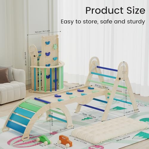 Pikler Triangle Set with Cushion, Montessori Climbing Set, Indoor Climb Toys, Indoor Playground Jungle Gyms, 9 Combinations Climbing Toy Set for Toddler, Baby, Kids 1-4