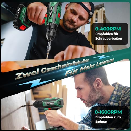 Akkuschrauber mit 2000mAh Akku, 20V Akku Bohrschrauber Set 42Nm Max, 2-Gang Akku-Bohrmaschine, Kompatibel mit Makita Akku, 25+1 Drehmomentstufen, 10mm Bohrfutter, LED-Licht, Für Reparatur und DIY Grün