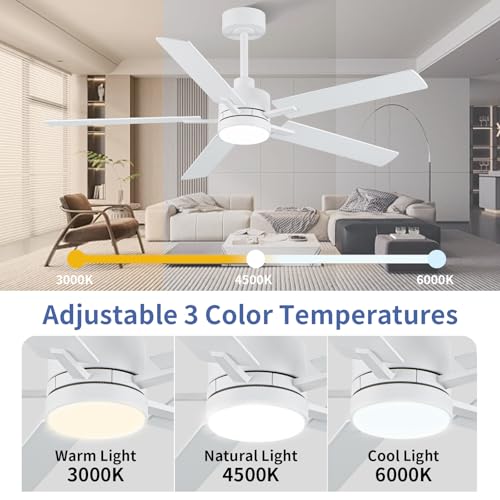 Image of LANMEL 52'' White Ceiling Fans with Lights and Remote, 6 Speed Low Profile Modern Ceiling Fan with Quiet DC Motor for Indoor Outdoor Bedroom Living Room