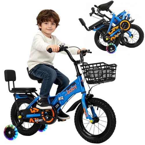 Bicicleta Plegable para Niños R16, con Desmontable Ruedas de Entrenamiento, Adjustable Seat Handbrake, Canasta, Termo, Triciclo de Niños, Bicicleta con 4 Ruedas de 4 a 8 Años, 110*48*76cm (Azul)