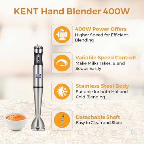 KENT Hand Blender Stainless Steel 400W (16044), Variable Speed Control, Stainless Steel Body