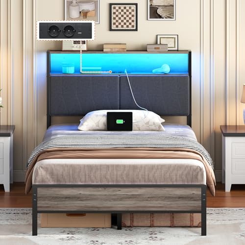 HOOBRO Bett 120 x 200 cm mit Lattenrost, Bettgestell mit Gepolstertem Kopfteil, Metallbett mit Ladestation und LED-Beleuchtung, Einzelbett mit...