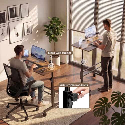 Image of Furmax 31.4 inch Small Portable Standing Desk Height Adjustable with Lockable Wheels, Mobile Stand Laptop Computer Workstation for Walking Pad Treadmil (Rustic)