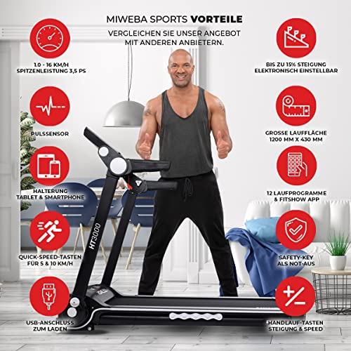 Miweba Sports elektrisches Laufband HT3000 | 3,5 PS - 16 Km/h - Incline bis 15% - Traglast 120 Kg - App - Klappbar… – Bild 3