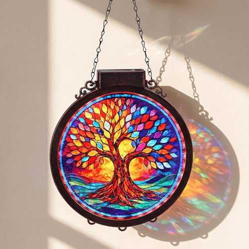 Hoikwo Solar Powered Suncatcher Tree of Life, 8.6' Sun Catcher Stained Acrylic Plastic Lightweight Window Decor, for Porch Courtyard Garden Mother's Day Birthday Gift for Mom Her Housewarming