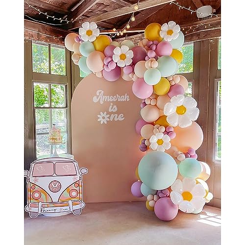 Daisy Balloon Garland Kit - 155pcs White Groovy Daisy Flower Macaron Pastel Balloons Garland for Boho Two Groovy Girls Birthday Baby Shower Flower Decor