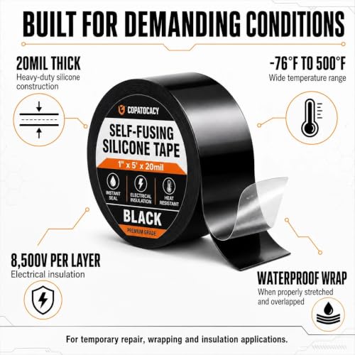 Image of Self-Fusing Silicone Sealing Tape, Waterproof Repair Tape for Hose, Pipe, Electrical Cable, High Strength Leak Fix Wrap, Weatherproof Emergency Insulation Tape (1 inch x 5' x 20mil)