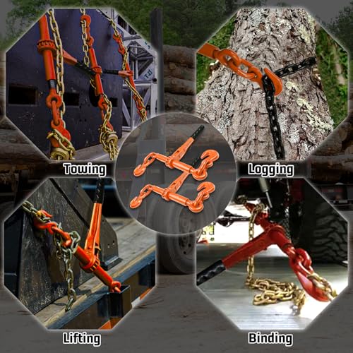 Image of Ratchet Chain Binders 3 /8 inch - 1 /2 inch (2 Pack) | Adjustable Load Binder with 2 Grab Hooks for G70 Transport Chain | 9,200 Lbs Safe Working Load - Orange