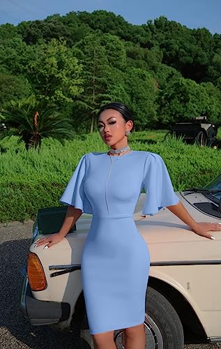 Image of Memoriesea Women's Basic Bodycon Ruffle Flared Short Sleeve Pencil Midi Dress