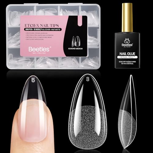 Beetles Gel Nail Kit Etch-X Almond Medium 288pcs 12 Sizes Nail Tips with 10ml Hema-Free Nail Glue Gel for Acrylic and Clear Press On Nail Pre-Etched Half Matte Extension Set for Home DIY