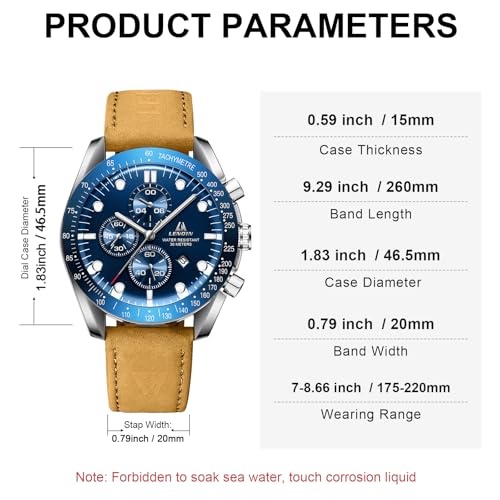 LN LENQIN Mens Watches Leather Watch Analog Quartz Watches for Men 30M Waterproof Men's Wrist Watches Luminous Luxury Fashion Business Casual Watch with Date (Brown Blue) - Image 5