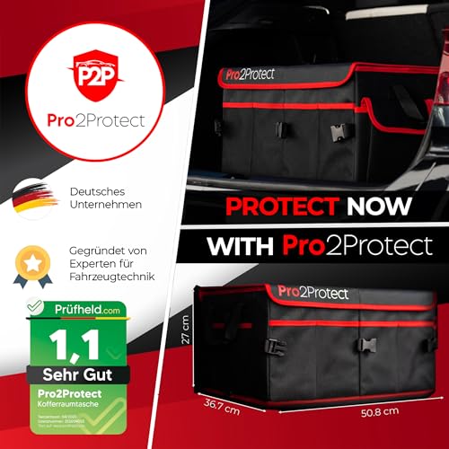 Pro2Protect PREMIUM [ 2x Test SEHR GUT Kofferraum Organizer Auto Zubehör Innenraum | 51x36x27Cm | Kofferraumtasche XXL | Faltbox WASSERDICHT | Autotasche Box | Geschenke für Frauen und Männer