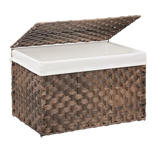 MOORLITER Large Wicker Storage Basket with Lid, 52.8 Gallon (200L), Brown