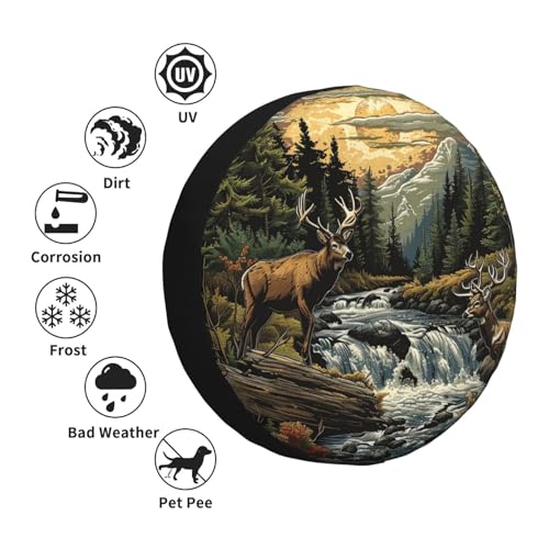 Image of Landscape and Deer Spare Tire Cover Wheel Protectors Weatherproof Deer Pattern Wheel Covers Universal Fit for Trailer RV SUV Truck Camper Travel Trailers Accessories 14 Inch