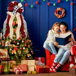 Christmas Tree Topper Large Buffalo Plaid Burlap Red and Black Gift Bow for Xmas Tree Handmade Holiday Party Decorations-13 x 29 Inch Christmas Tree Topper Large Buffalo Plaid Burlap Red and Black Gift Bow for Xmas Tree Handmade Holiday Party Decorations 13 x 29 Inch