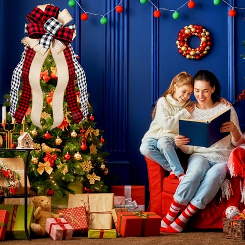 Christmas-Tree-Topper-Large-Buffalo-Plaid-Burlap-Red-and-Black-Gift-Bow-for-Xmas-Tree-Handmade-Holiday-Party-Decorations-13-x-29-Inch Christmas Tree Topper Large Buffalo Plaid Burlap Red and Black Gift Bow for Xmas Tree Handmade Holiday Party Decorations 13 x 29 Inch