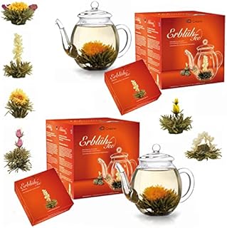 Creano 2 x zestaw upominkowy z kwiatami herbaty herbata Spring Blossom z 2 szklanymi dzbankami 500 ml i 12 porcjami białej herbaty