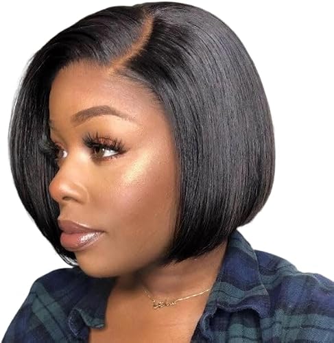 BEAU DIVA Straight Lace Front Wig, Human Hair, Black, Glueless, Pre Plucked, 13x4 HD Lace Frontal, Bob Style (8inch)