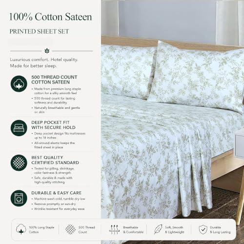 Image of Feather & Stitch Printed 500 TC Split King Size Sheet Set, 5 Piece Bed Sheets Set, 2 Twin Fitted Sheet, 1 King Flat Sheet & 2 King Pillowcases, 18 inch Deep Pockets Sateen Weave - Green Floral Toile