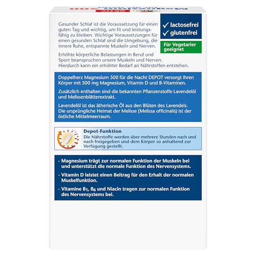 Doppelherz Magnesium 500 für die Nacht - Mit Melisse und Lavendelöl - Hochdosiertes Magnesium als Beitrag für die normale Muskelfunktion - 100 DEPOT-Tabletten