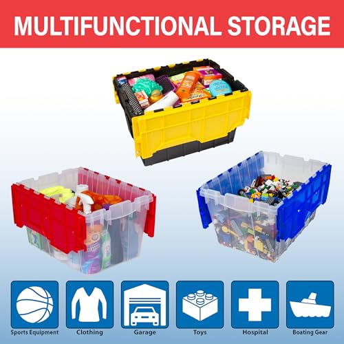 Image of Akro-Mils KeepBox 12 Gallon Storage Container, Nesting and Stackable Plastic Storage Box with Lid Attached, Clear Tote for Garages, Closets, Moving, 21-1 /2 inch x 15 inch x 12-1 /2 inch, Clear /Blue, Pallet of 48