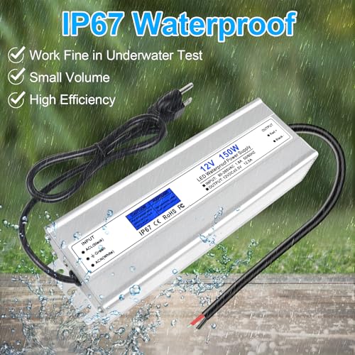 Image of LED Driver 150 Watts, IP67 Waterproof 12V Power Supply, AC 90-265V to DC 12V 12.5A Low Voltage Transformer with 3-Prong Plug 3.28ft Cable for LED Lights, Computer Project, Outdoor Use