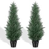 3FT Artificial Cedar Tree - Realistic Faux Cedar Trees for Outdoor Planters - Fake Cypress Trees for Front Porch - Faux Evergreen Plants for Home Porch Decor - Set of 2