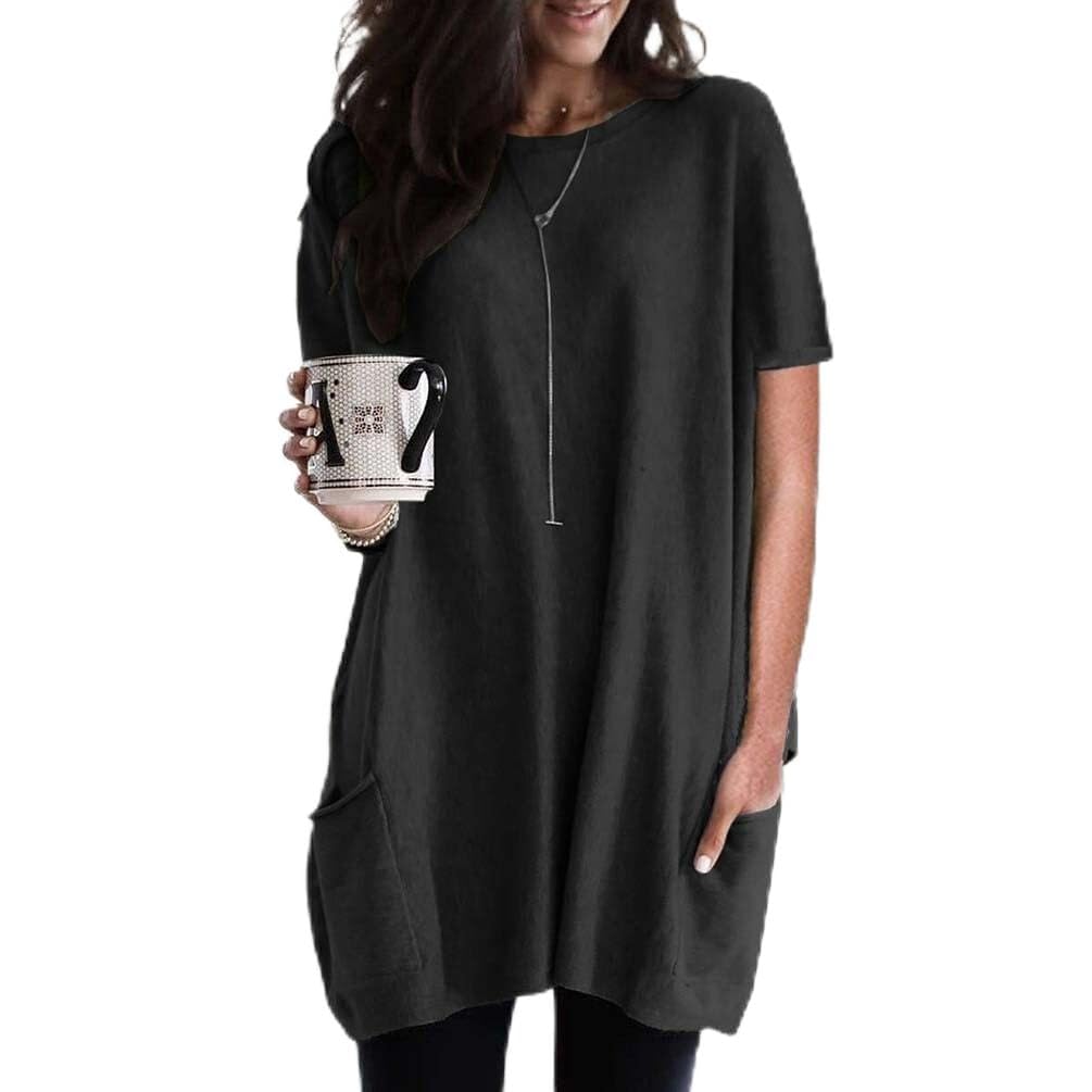 Camicia Lunga Da Donna Camicia Lunga A Maniche Corte Girocollo Top Tinta Unita Casual T-shirt Ampia Con Tasche Elegante Camicia A Maniche Corte Casual Colletto Tondo Camicette Oversize T-Shirt Donna (