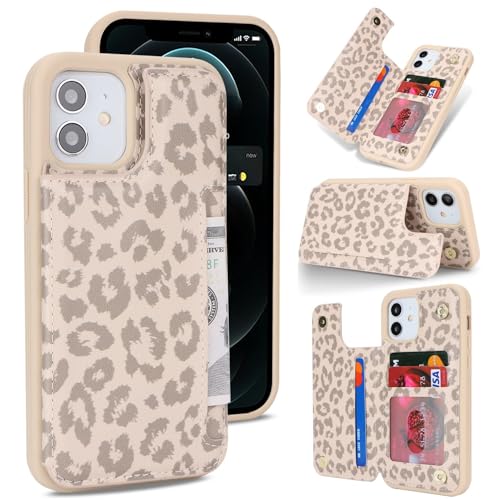 iCoverCase Compatible with iPhone 12/12 Pro Phone Case with Card Holder Wallet Case for Women Men RFID Blocking PU Leather Protective Case 6.1 Inch (Beige Leopard)